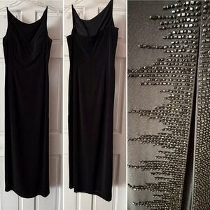 Vtg Liz Elana Maxi Dress Black Women 8 Long Prom Hoco Bead Goth Whimsigoth Slit